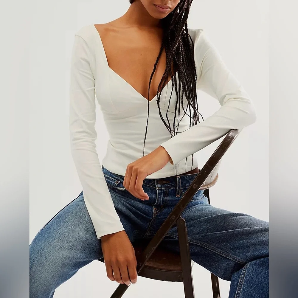 Free People Duo Corset Long Sleeve Ivory Crop Top Sz Large NWT